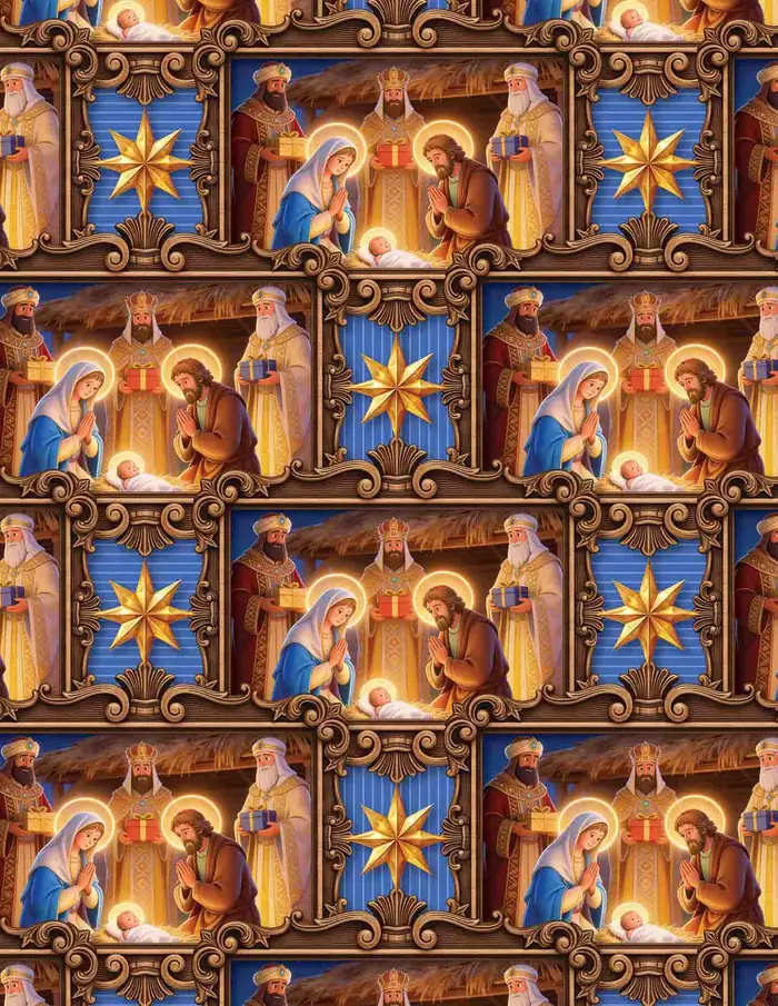 Reyes magos y regalos — Papel de regalo navideño con motivo de reyes magos y regalos, un diseño festivo para tu negocio en temporada.