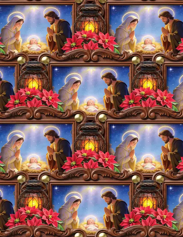 Rezando en el pesebre — Papel de regalo navideño con motivo de rezando en el pesebre, pensado para destacar en tu vitrina navideña.