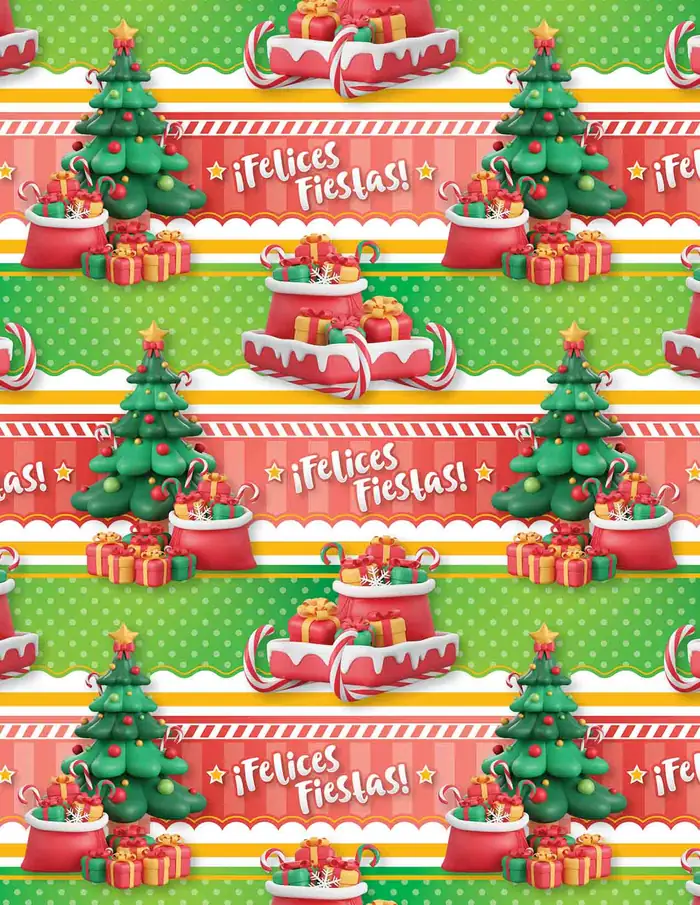 Arbolitos y trineos — Papel de regalo navideño con motivo de arbolitos y trineos, un diseño festivo para tu negocio en temporada.