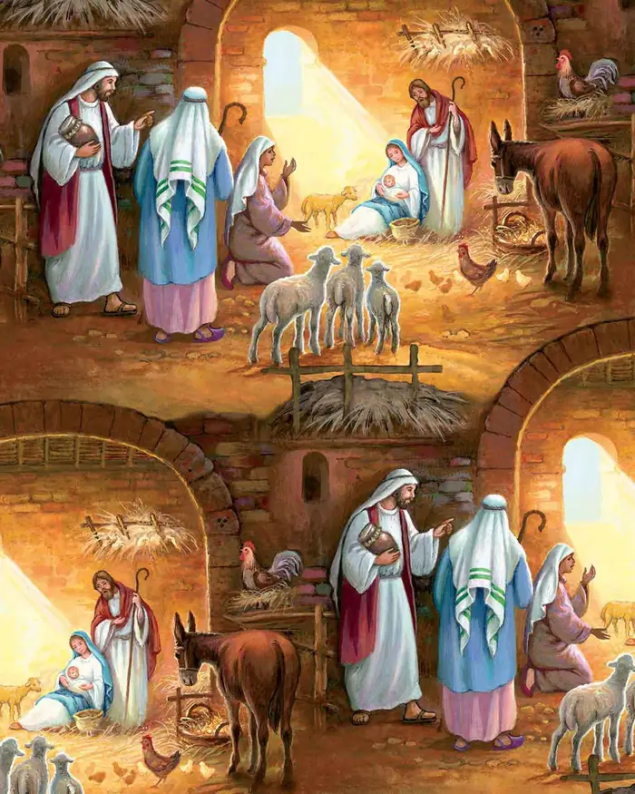 Arco y Pasito — Papel de regalo navideño con motivo de arco y pesebre, pensado para destacar en tu vitrina navideña.