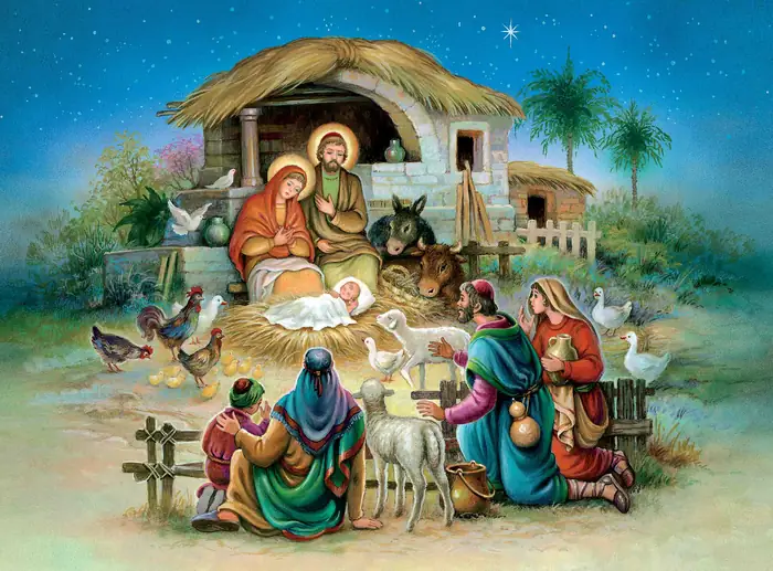Nacimiento con Animalitos — Lámina decorativa navideña para pared con escena de pesebre: la Sagrada Familia rodeada de pastores, ovejas, gallinas y palomas junto al establo. Viene en rollo: incluye 2 pliegos de 19x25 pulgadas que juntos forman una imagen de 38x25 pulgadas.