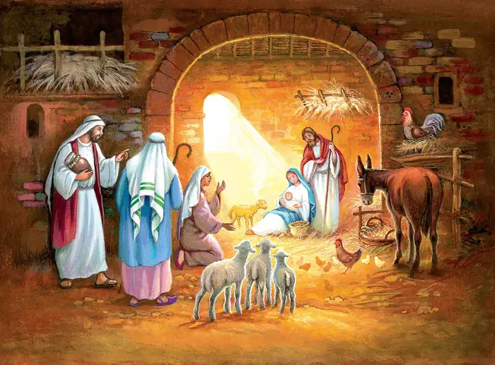 Nacimiento en el Establo — Lámina decorativa navideña para pared con escena de pesebre dentro de un establo de piedra iluminado, con la Sagrada Familia, ovejas y visitantes reunidos alrededor del Niño Jesús. Viene en rollo: incluye 2 pliegos de 19x25 pulgadas que juntos forman una imagen de 38x25 pulgadas.