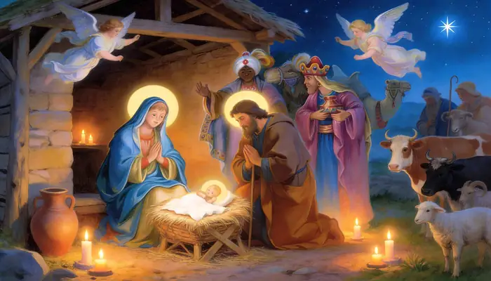Adoración de los Reyes Magos — Lámina decorativa navideña para pared con escena de pesebre: la Sagrada Familia, los Reyes Magos con sus ofrendas, ángeles y animalitos reunidos junto al Niño Jesús entre velas encendidas. Viene en rollo: incluye 2 pliegos de 19x25 pulgadas que juntos forman una imagen de 38x25 pulgadas.