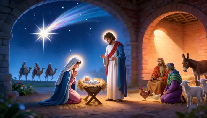 Nacimiento bajo la Estrella — Lámina decorativa navideña para pared con escena de pesebre bajo un arco de piedra, con la Estrella de Belén brillando en el cielo y los Reyes Magos acercándose en camello a lo lejos. Viene en rollo: incluye 2 pliegos de 19x25 pulgadas que juntos forman una imagen de 38x25 pulgadas.