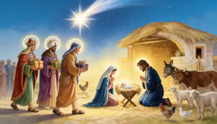 Reyes Magos y sus Regalos — Lámina decorativa navideña para pared con los tres Reyes Magos entregando sus regalos a la Sagrada Familia bajo la Estrella de Belén, rodeados de animalitos del establo. Viene en rollo: incluye 2 pliegos de 19x25 pulgadas que juntos forman una imagen de 38x25 pulgadas.