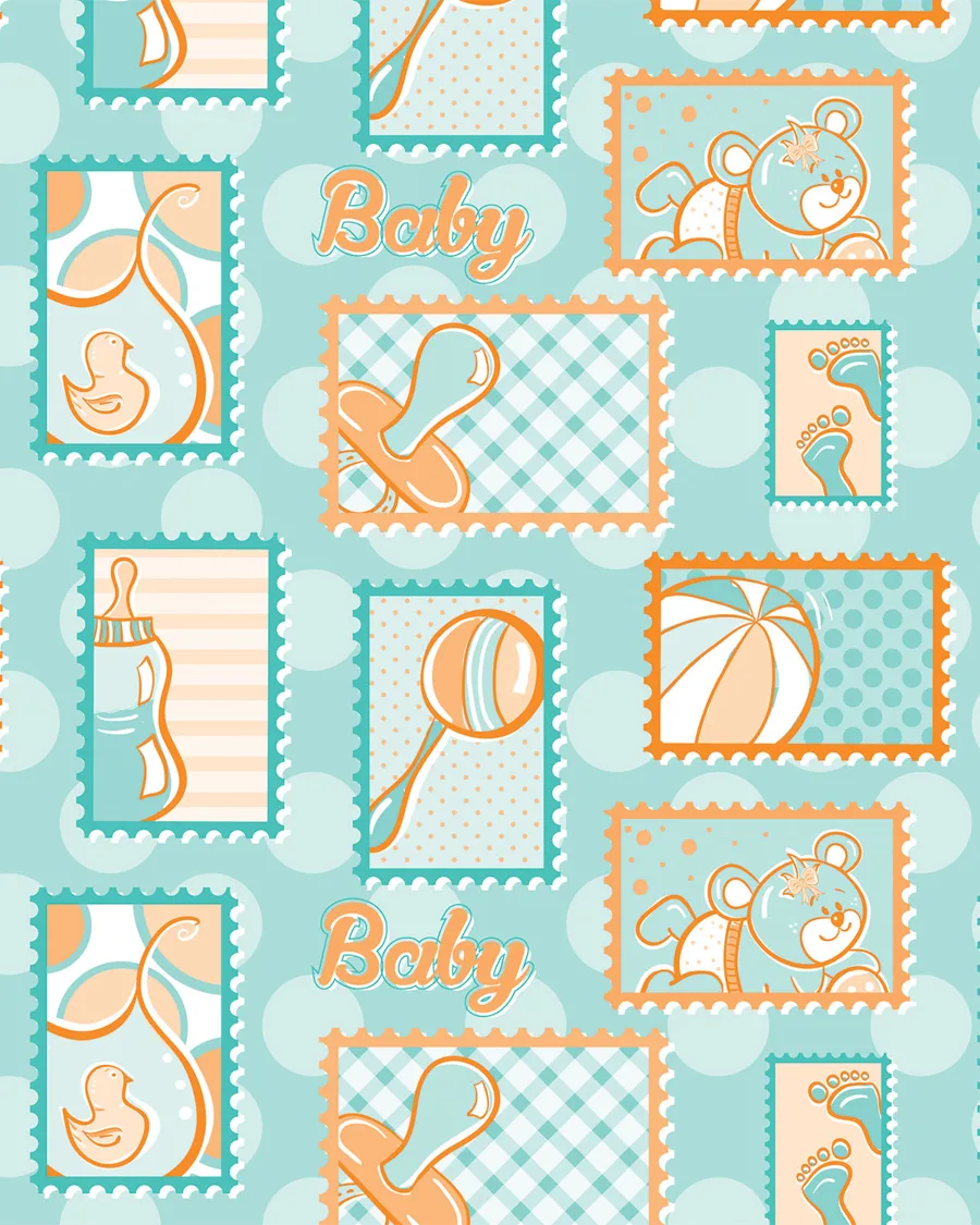 Estampillas de Bebé — Papel de regalo estampillas de bebé en tonos suaves. Ideal para baby shower, nacimientos y regalos para bebé.