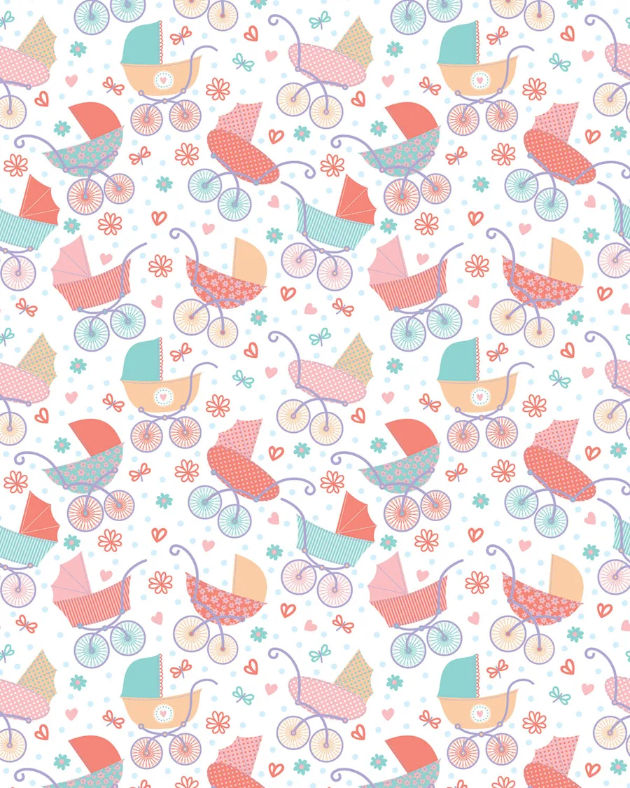 Cochecitos — Papel de regalo cochecitos en tonos suaves. Ideal para baby shower, nacimientos y regalos para bebé.