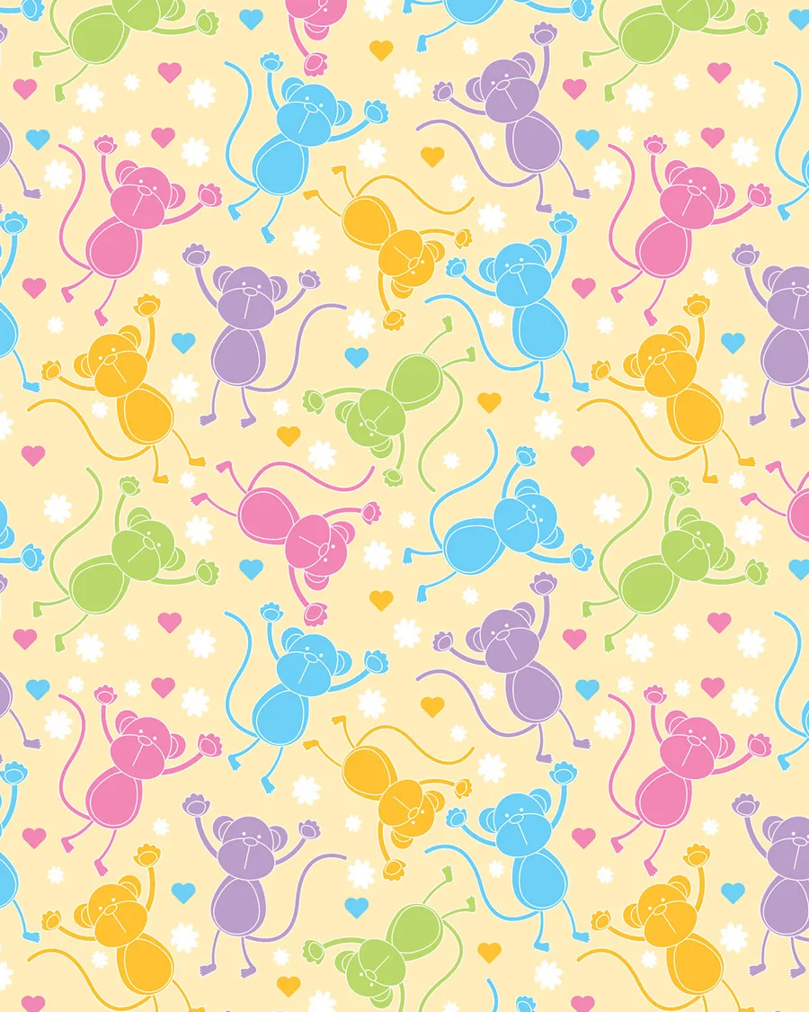 Monitos Coloridos — Papel de regalo monitos coloridos en tonos suaves. Ideal para baby shower, nacimientos y regalos para bebé.