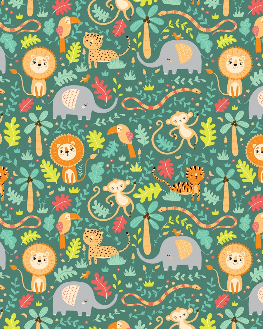 En la Selva — Papel de regalo en la selva en tonos suaves. Ideal para baby shower, nacimientos y regalos para bebé.