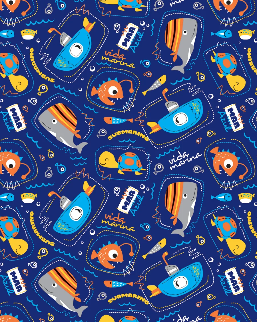 Ballenas y Submarinos — Papel de regalo ballenas y submarinos en tonos suaves. Ideal para baby shower, nacimientos y regalos para bebé.