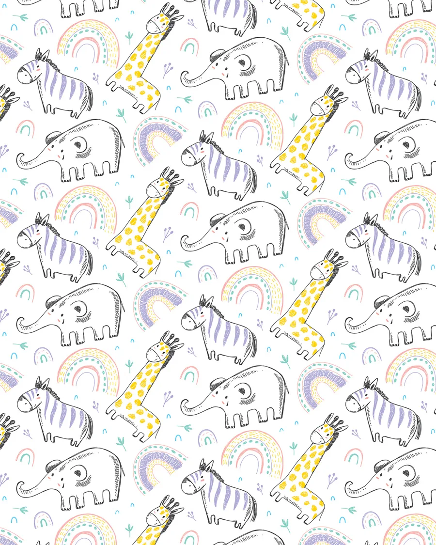 Animalitos y Arcoíris — Papel de regalo animalitos y arcoíris en tonos suaves. Ideal para baby shower, nacimientos y regalos para bebé.