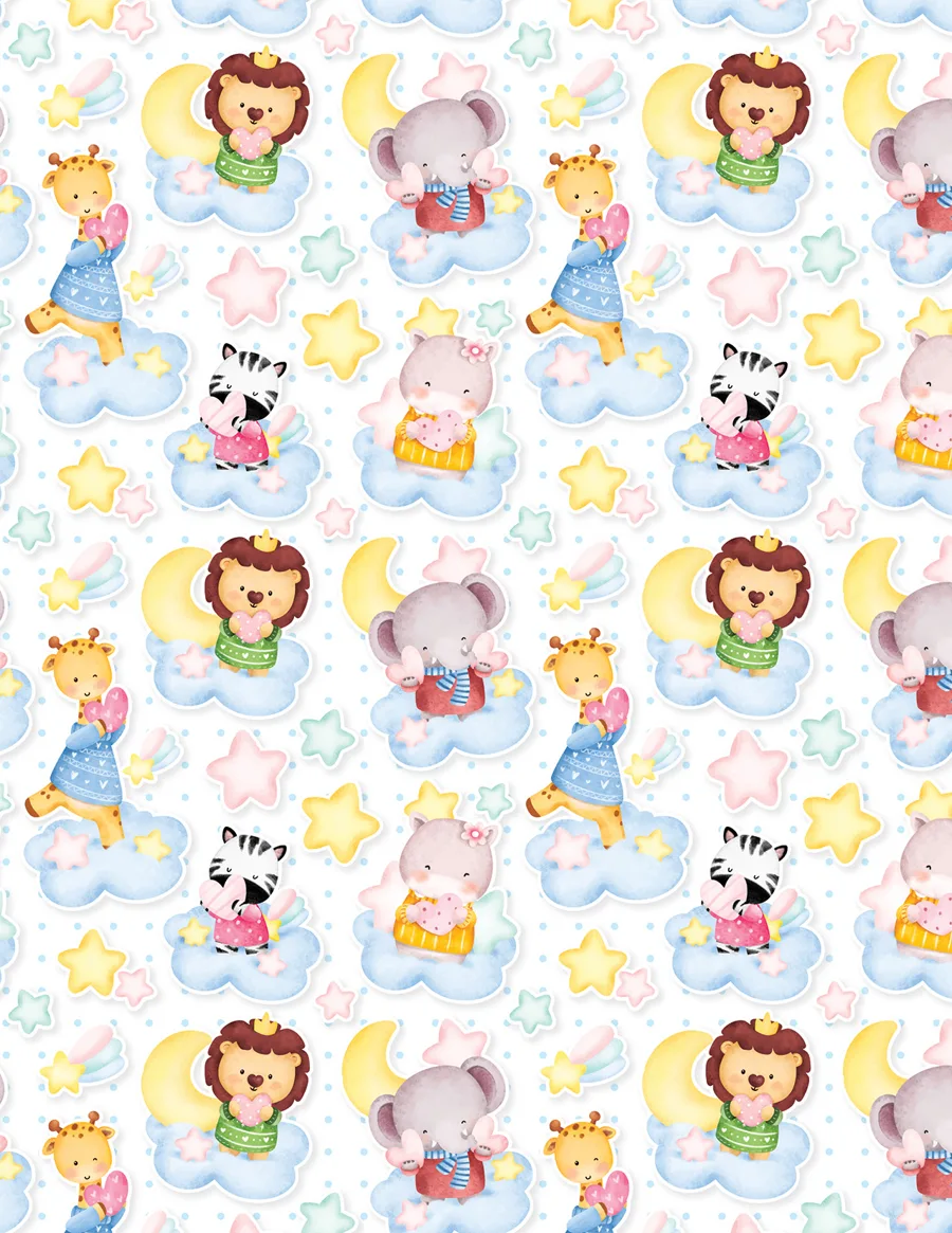 Animalitos y Nubes — Papel de regalo animalitos y nubes en tonos suaves. Ideal para baby shower, nacimientos y regalos para bebé.