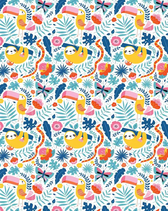 Perezosos y Tucanes — Papel de regalo con motivo de perezosos y tucanes, un diseño versátil para tu negocio.
