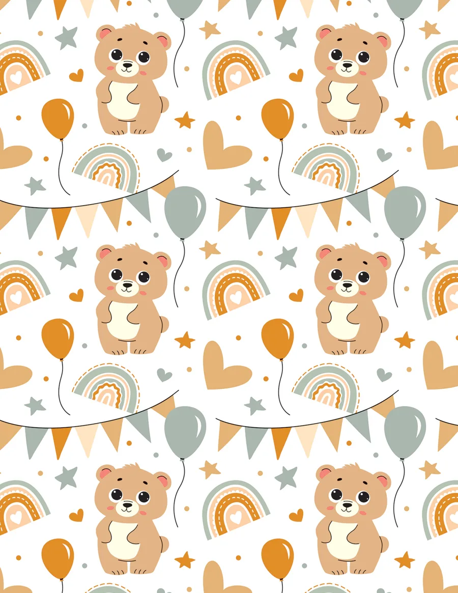 Osos y Arcoíris — Papel de regalo osos y arcoíris en tonos suaves. Ideal para baby shower, nacimientos y regalos para bebé.