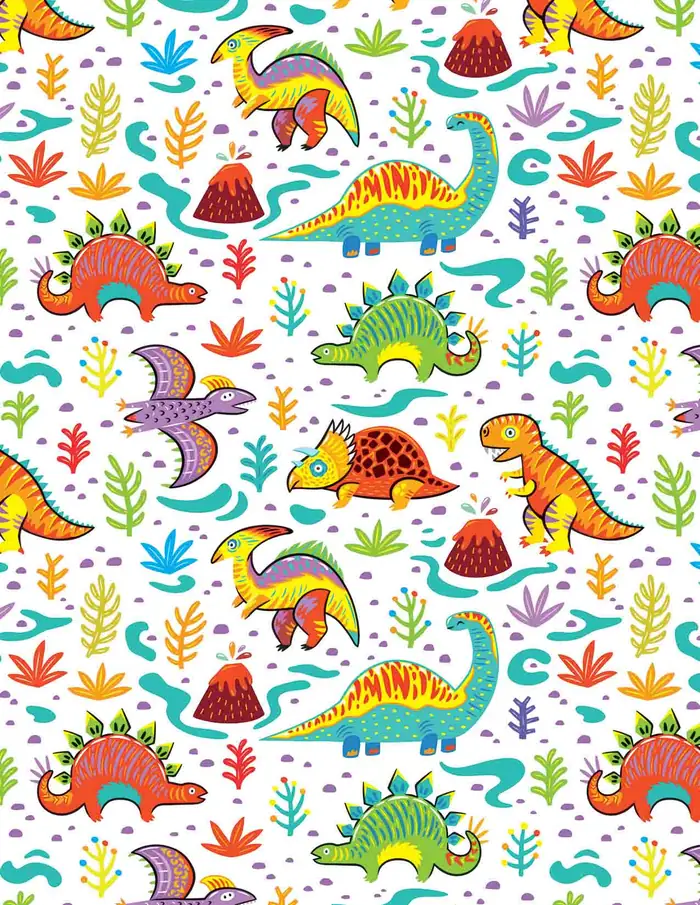 Dinosaurios Coloridos — Papel de regalo con motivo de dinosaurios coloridos, disponible en nuestra colección de papel de regalo.