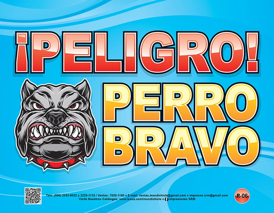Peligro Perro Bravo (R-06) — Rótulo emplasticado de advertencia para propiedades con mascota guardiana.