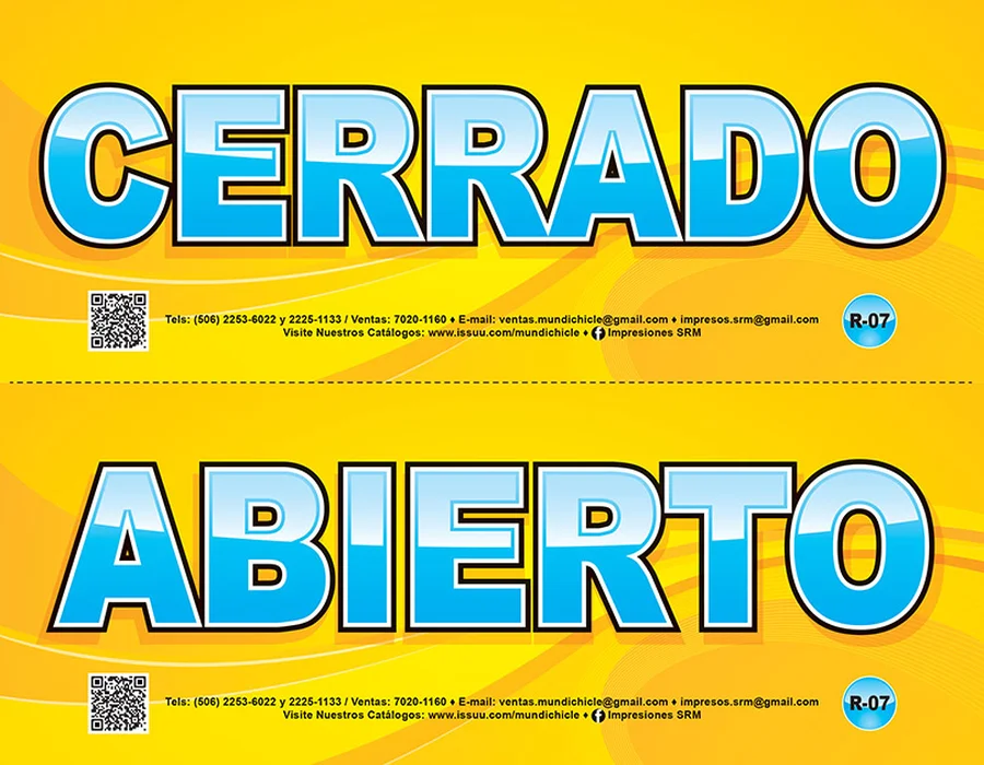 Cerrado / Abierto (R-07) — Rótulo emplasticado de doble cara para negocios: "Cerrado" de un lado y "Abierto" del otro.