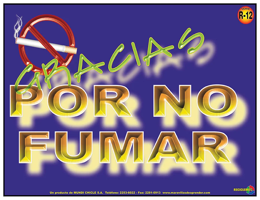 Gracias por No Fumar (R-12) — Rótulo emplasticado de cortesía para espacios libres de humo.