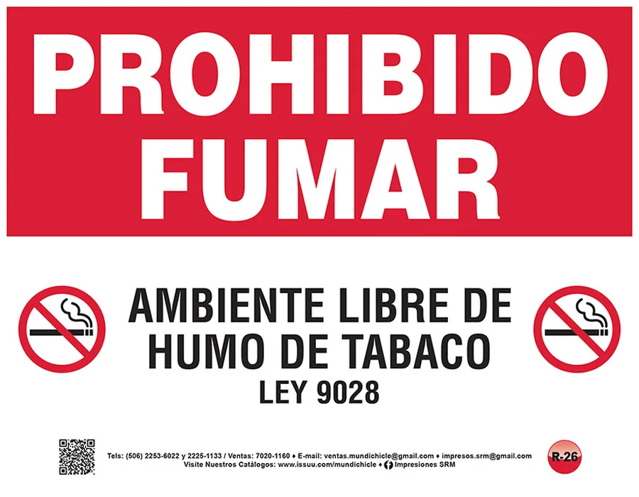 Prohibido Fumar - Horizontal (R-26) — Rótulo emplasticado horizontal "Ambiente Libre de Humo de Tabaco" (Ley 9028).
