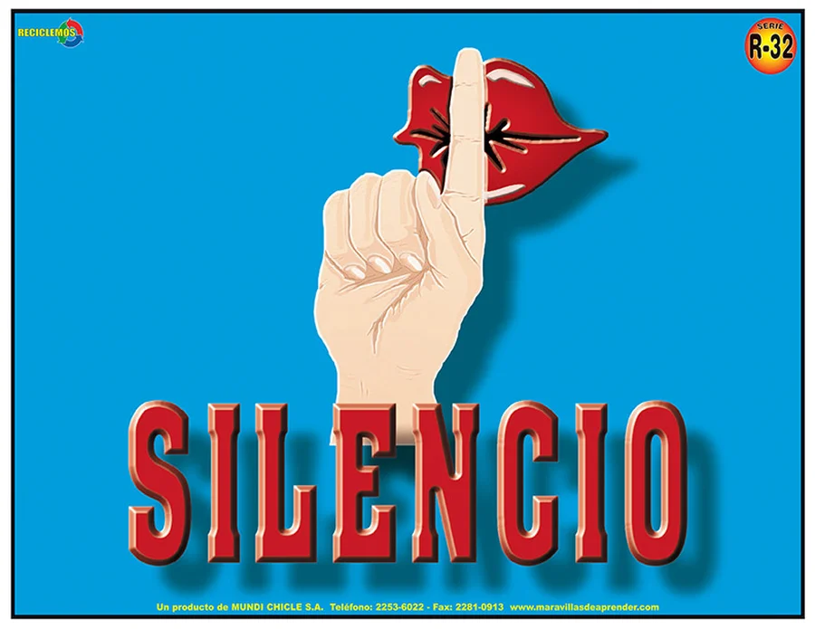 Silencio (R-32) — Rótulo emplasticado para espacios que requieren silencio.