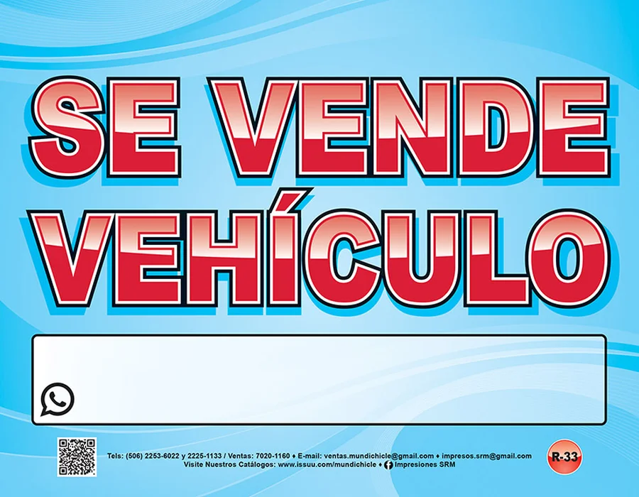 Se Vende Vehículo (R-33) — Rótulo emplasticado "Se Vende Vehículo" con espacio en blanco para agregar el número de contacto.