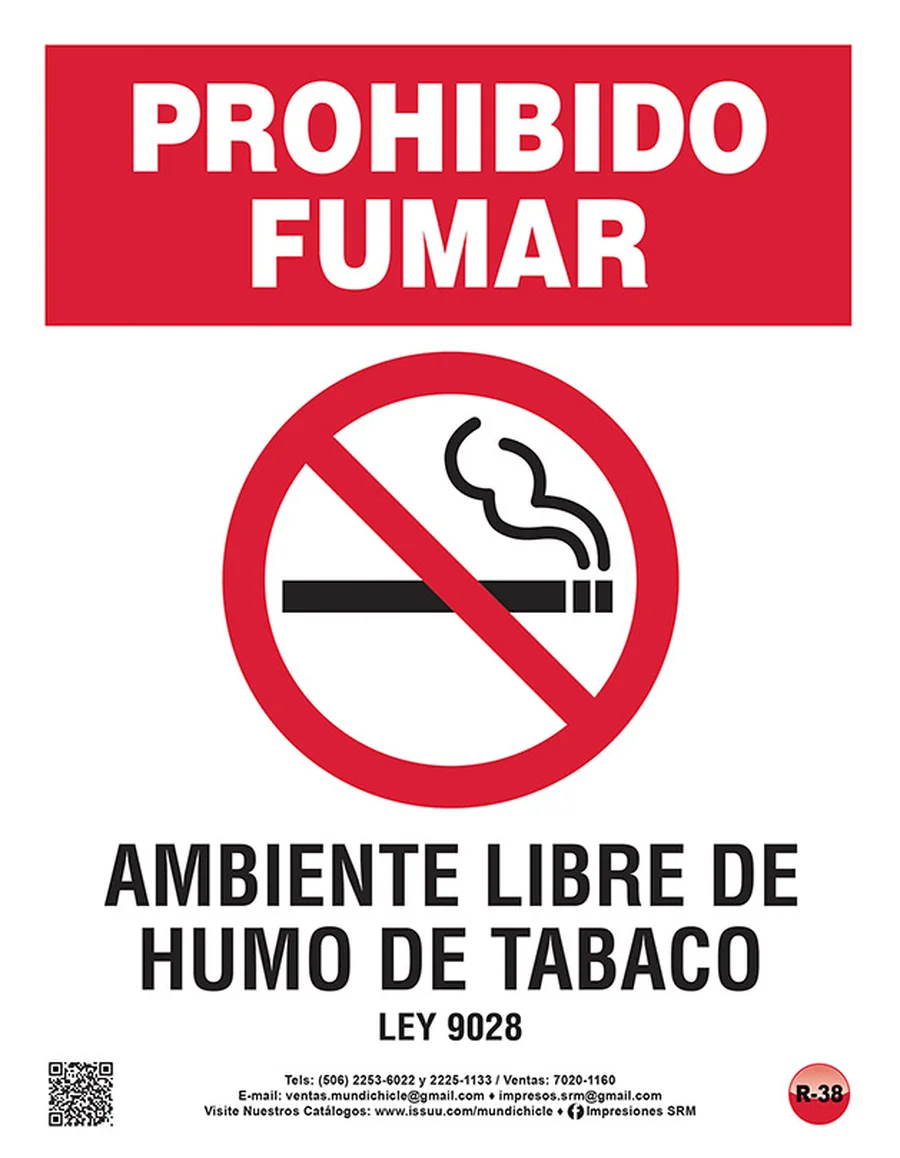 Prohibido Fumar - Vertical (R-38) — Rótulo emplasticado vertical "Ambiente Libre de Humo de Tabaco" (Ley 9028).