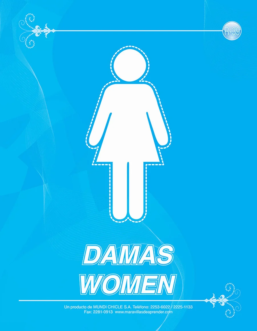 Damas / Women (R-39) — Rótulo emplasticado de señalización para baño de damas.