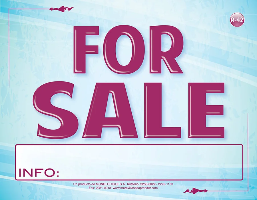 For Sale (R-42) — Rótulo emplasticado en inglés "For Sale" con espacio en blanco para información de contacto.