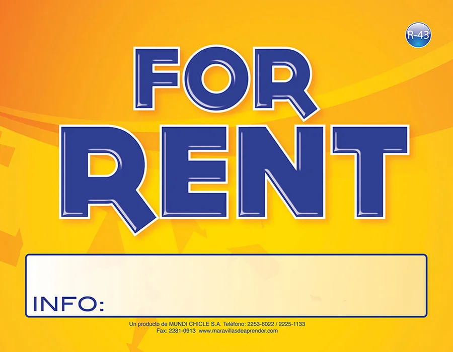 For Rent (R-43) — Rótulo emplasticado en inglés "For Rent" con espacio en blanco para información de contacto.