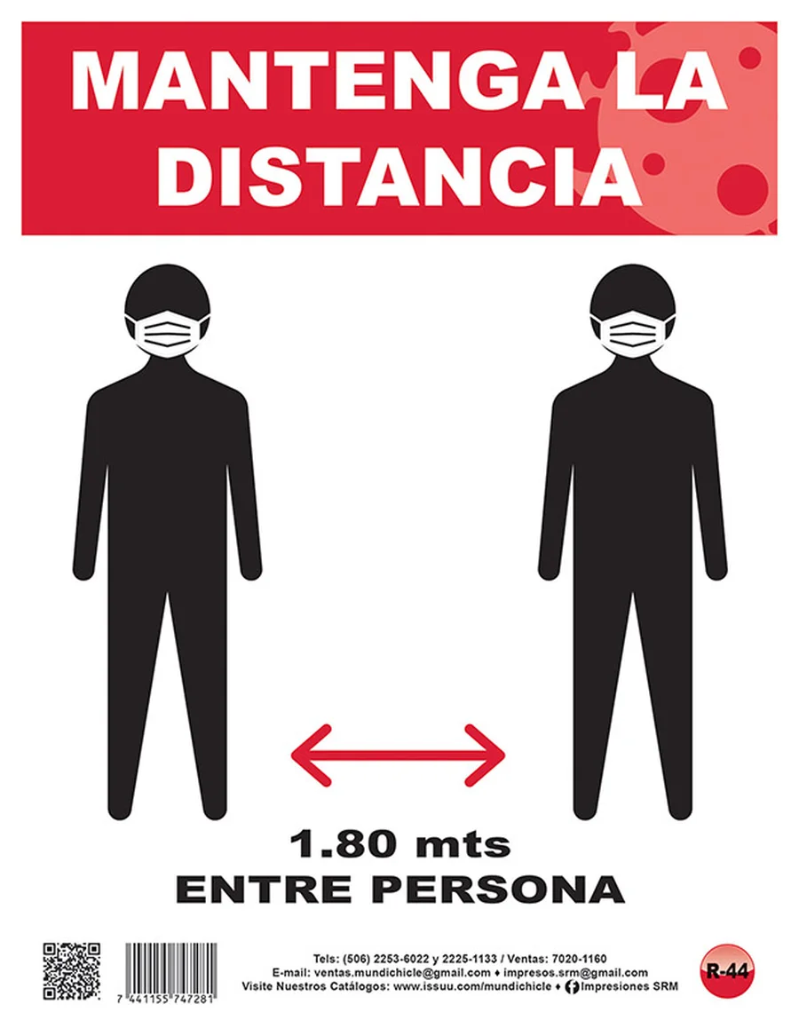 Mantenga la Distancia (R-44) — Rótulo emplasticado de protocolo sanitario para negocios y oficinas.