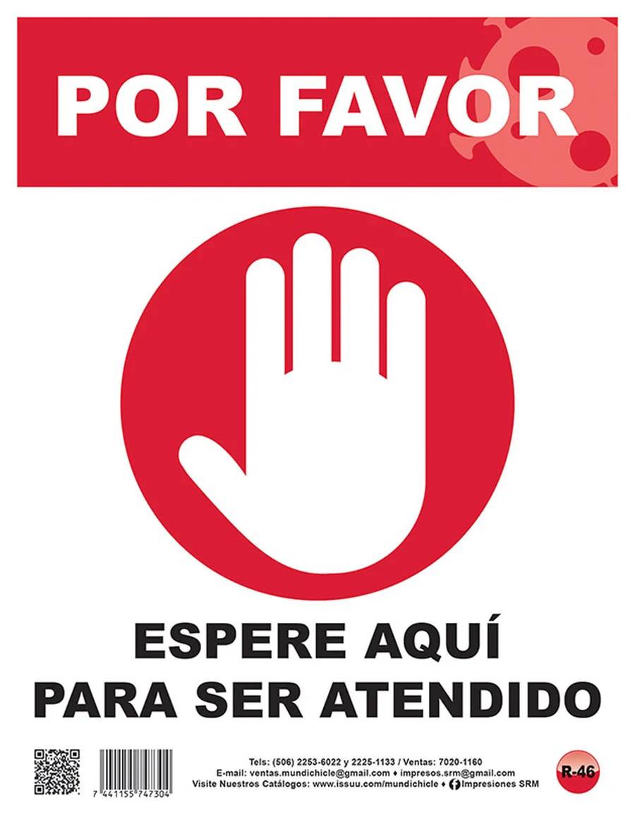 Por Favor Espere Aquí para ser Atendido (R-46) — Rótulo emplasticado para ordenar filas de atención al cliente.