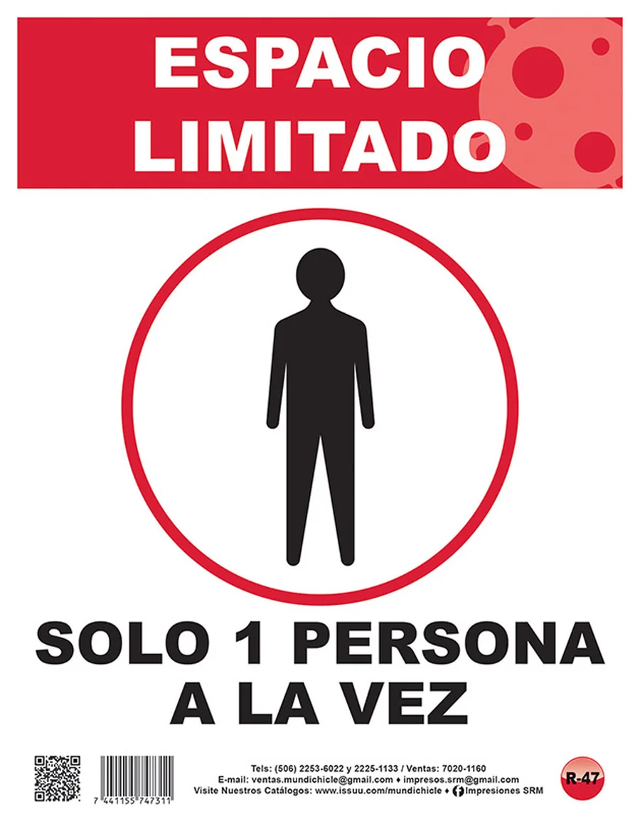 Espacio Limitado - Solo 1 Persona a la Vez (R-47) — Rótulo emplasticado de protocolo sanitario para aforo limitado.
