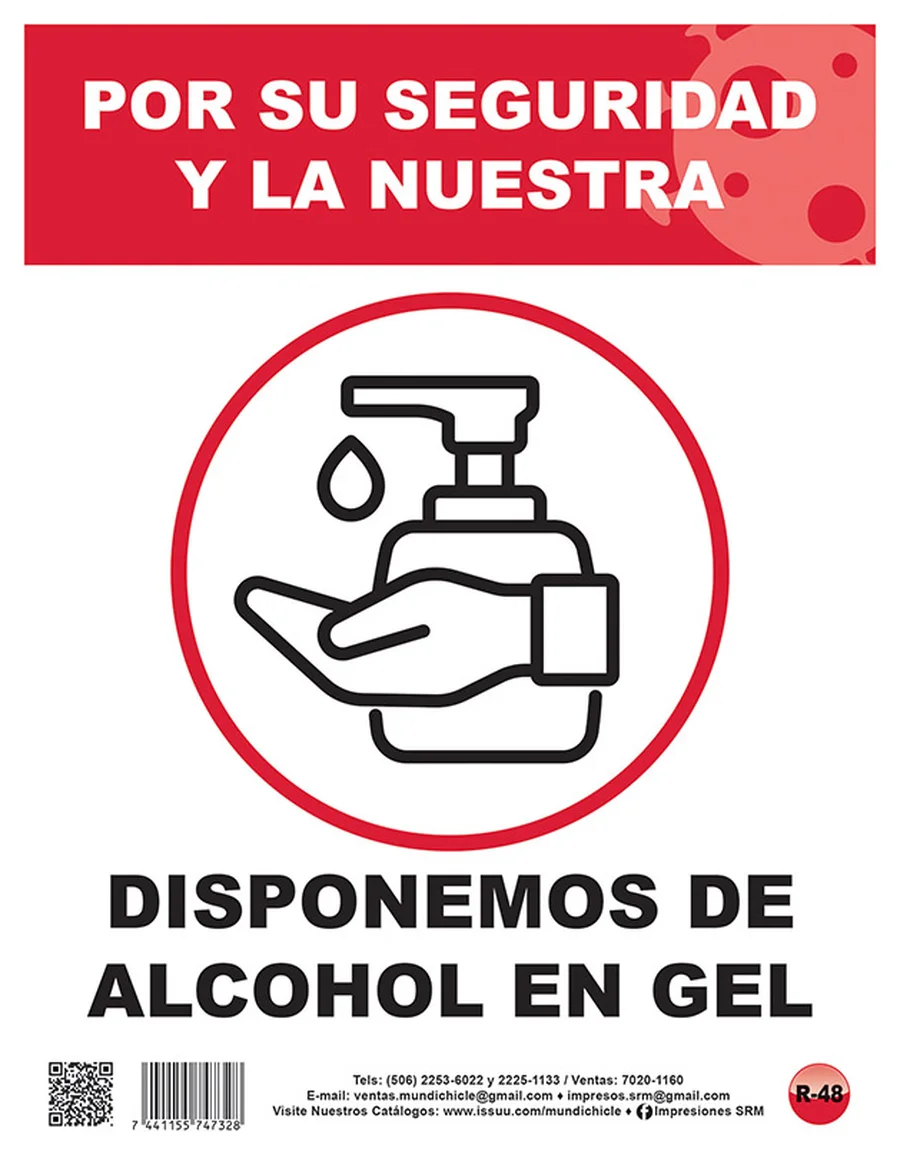 Disponemos de Alcohol en Gel (R-48) — Rótulo emplasticado de protocolo sanitario para negocios y oficinas.
