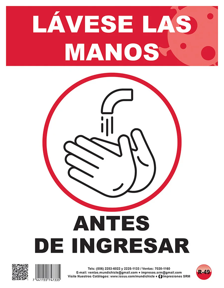 Lávese las Manos Antes de Ingresar (R-49) — Rótulo emplasticado de protocolo sanitario para negocios y oficinas.