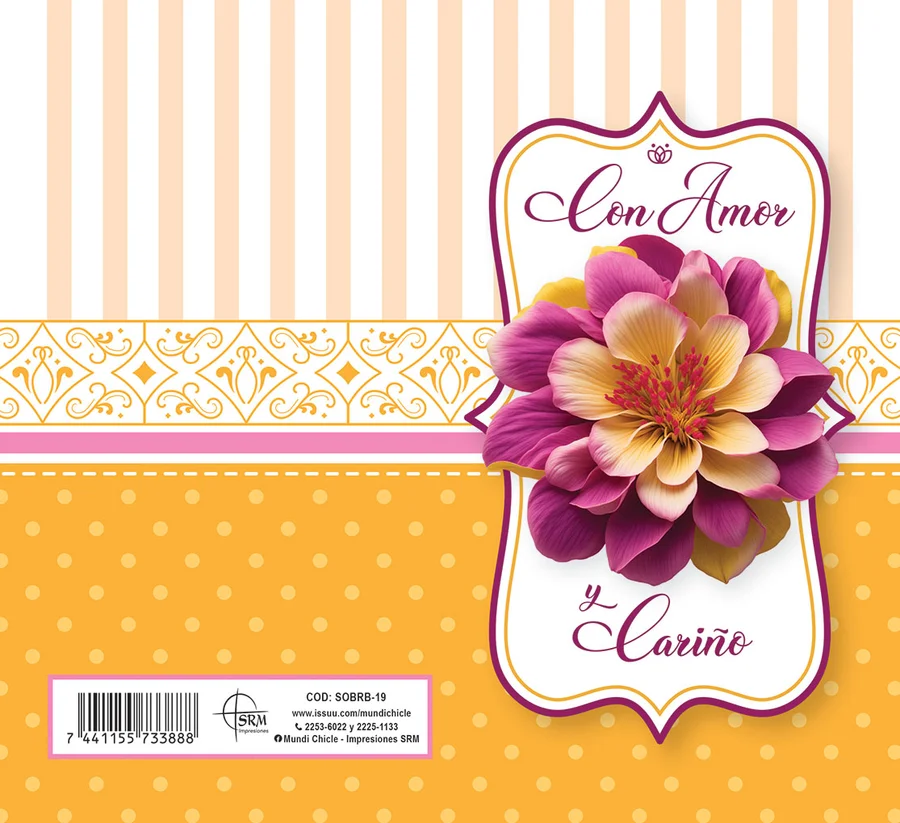 Con Amor y Cariño (SOBRB-19) — Sobre de dinero línea Dama con el mensaje "Con Amor y Cariño". Flor magenta sobre fondo amarillo con lunares. Ideal para regalar dinero en el cumpleaños o día especial de una dama. Sobre de dinero en cartulina opalina blanca 250 g, se dobla al medio con reverso en blanco. Medida abierta 176x160 mm (7x6.25"), cerrada 88x160 mm (3.5x6.25"). Incluye sobre Bond 20 de 165x95 mm.