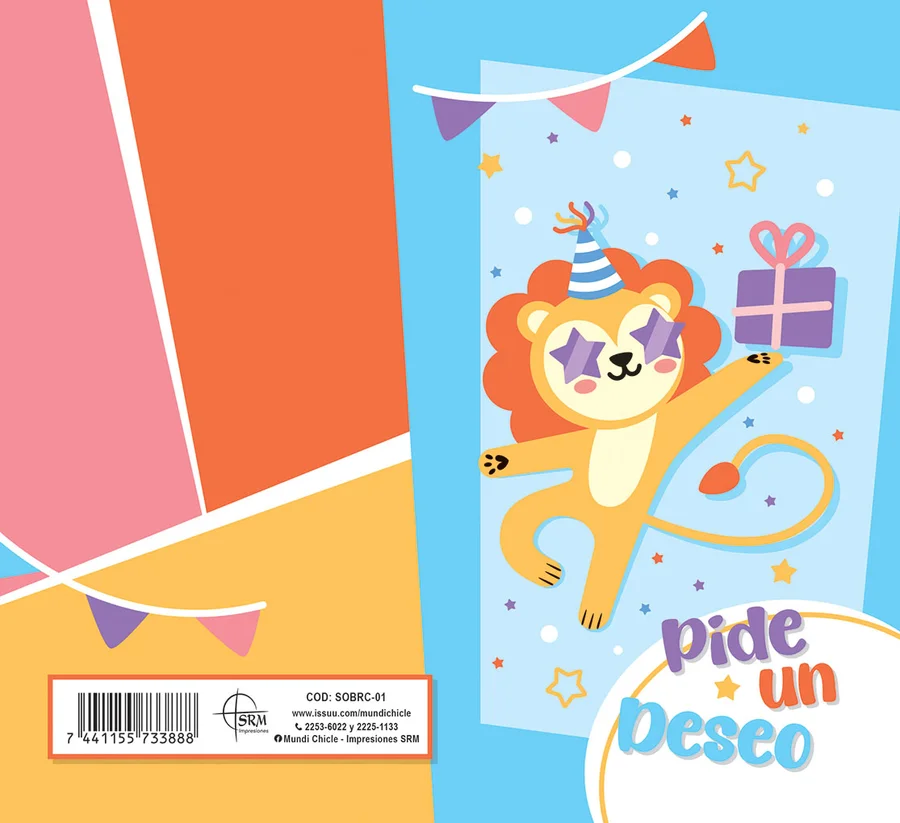Pide un Deseo León (SOBRC-01) — Sobre de dinero línea Fiesta con el mensaje "Pide un Deseo". León de fiesta con regalo y banderines. Ideal para regalar dinero en cumpleaños y fiestas infantiles. Sobre de dinero en cartulina opalina blanca 250 g, se dobla al medio con reverso en blanco. Medida abierta 176x160 mm (7x6.25"), cerrada 88x160 mm (3.5x6.25"). Incluye sobre Bond 20 de 165x95 mm.