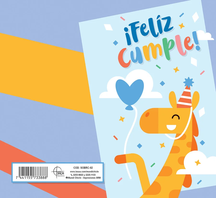 ¡Feliz Cumple! Jirafa (SOBRC-02) — Sobre de dinero línea Fiesta con el mensaje "¡Feliz Cumple!". Jirafa con globo de corazón. Ideal para regalar dinero en cumpleaños y fiestas infantiles. Sobre de dinero en cartulina opalina blanca 250 g, se dobla al medio con reverso en blanco. Medida abierta 176x160 mm (7x6.25"), cerrada 88x160 mm (3.5x6.25"). Incluye sobre Bond 20 de 165x95 mm.