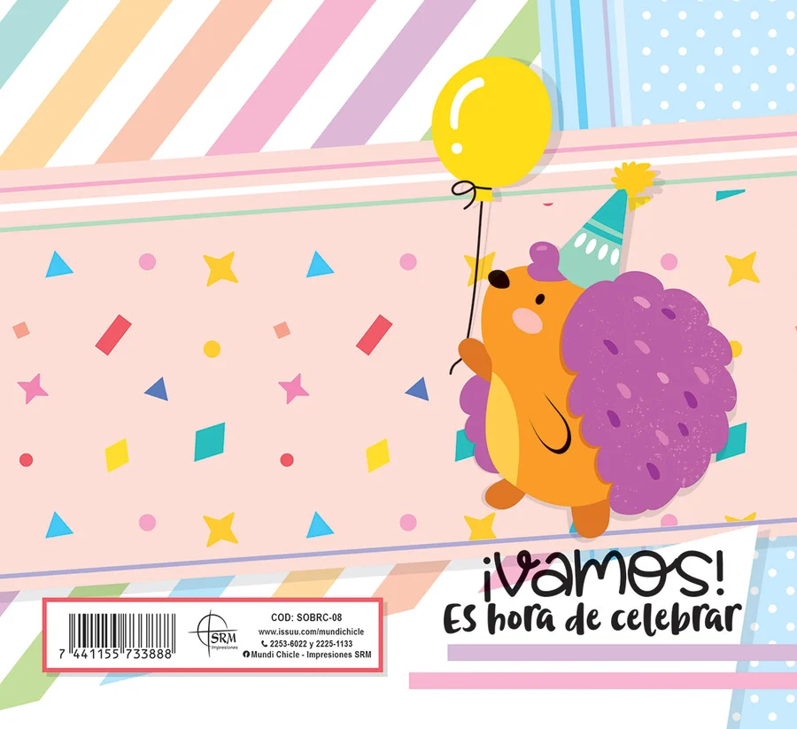 ¡Vamos! Es Hora de Celebrar (SOBRC-08) — Sobre de dinero línea Fiesta con el mensaje "¡Vamos! Es Hora de Celebrar". Erizo con globo y confeti. Ideal para regalar dinero en cumpleaños y fiestas infantiles. Sobre de dinero en cartulina opalina blanca 250 g, se dobla al medio con reverso en blanco. Medida abierta 176x160 mm (7x6.25"), cerrada 88x160 mm (3.5x6.25"). Incluye sobre Bond 20 de 165x95 mm.