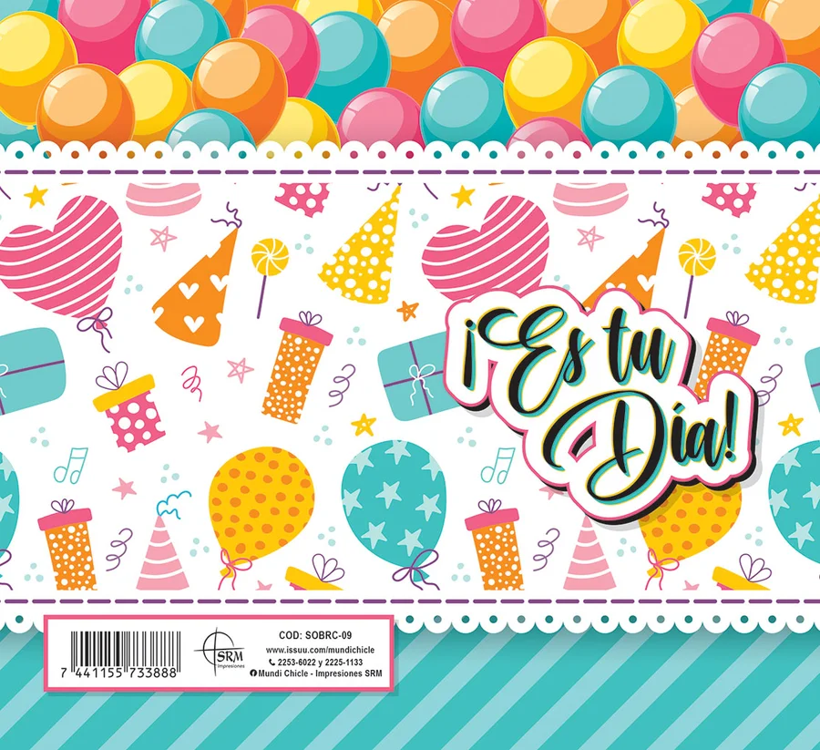 ¡Es tu Día! (SOBRC-09) — Sobre de dinero línea Fiesta con el mensaje "¡Es tu Día!". Globos, regalos y gorritos de fiesta. Ideal para regalar dinero en cumpleaños y fiestas infantiles. Sobre de dinero en cartulina opalina blanca 250 g, se dobla al medio con reverso en blanco. Medida abierta 176x160 mm (7x6.25"), cerrada 88x160 mm (3.5x6.25"). Incluye sobre Bond 20 de 165x95 mm.