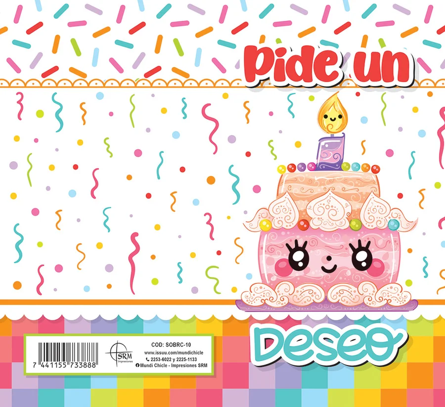 Pide un Deseo Pastel (SOBRC-10) — Sobre de dinero línea Fiesta con el mensaje "Pide un Deseo". Pastel con carita y vela. Ideal para regalar dinero en cumpleaños y fiestas infantiles. Sobre de dinero en cartulina opalina blanca 250 g, se dobla al medio con reverso en blanco. Medida abierta 176x160 mm (7x6.25"), cerrada 88x160 mm (3.5x6.25"). Incluye sobre Bond 20 de 165x95 mm.