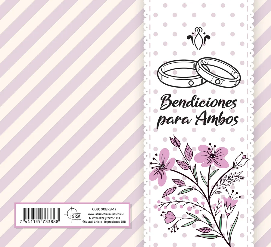 Bendiciones para Ambos (SOBRB-17) — Sobre de dinero línea Boda con el mensaje "Bendiciones para Ambos". Anillos y flores lila con rayas diagonales. Ideal para regalar dinero a los novios en su boda. Sobre de dinero en cartulina opalina blanca 250 g, se dobla al medio con reverso en blanco. Medida abierta 176x160 mm (7x6.25"), cerrada 88x160 mm (3.5x6.25"). Incluye sobre Bond 20 de 165x95 mm.