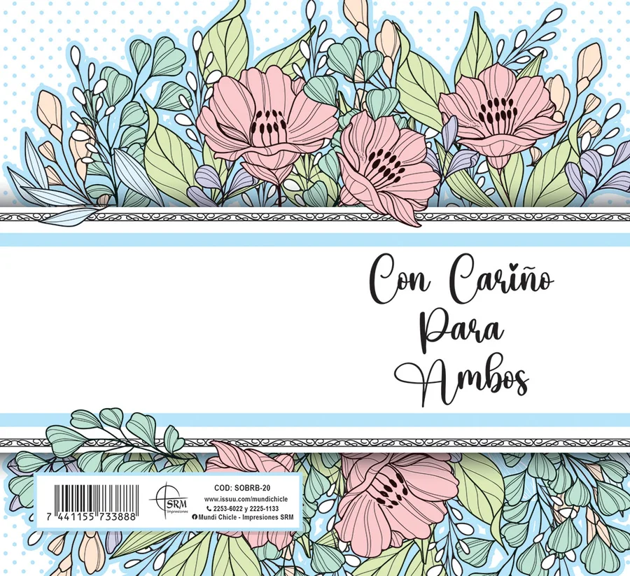 Con Cariño para Ambos (SOBRB-20) — Sobre de dinero línea Boda con el mensaje "Con Cariño para Ambos". Flores rosadas y celestes. Ideal para regalar dinero a los novios en su boda. Sobre de dinero en cartulina opalina blanca 250 g, se dobla al medio con reverso en blanco. Medida abierta 176x160 mm (7x6.25"), cerrada 88x160 mm (3.5x6.25"). Incluye sobre Bond 20 de 165x95 mm.