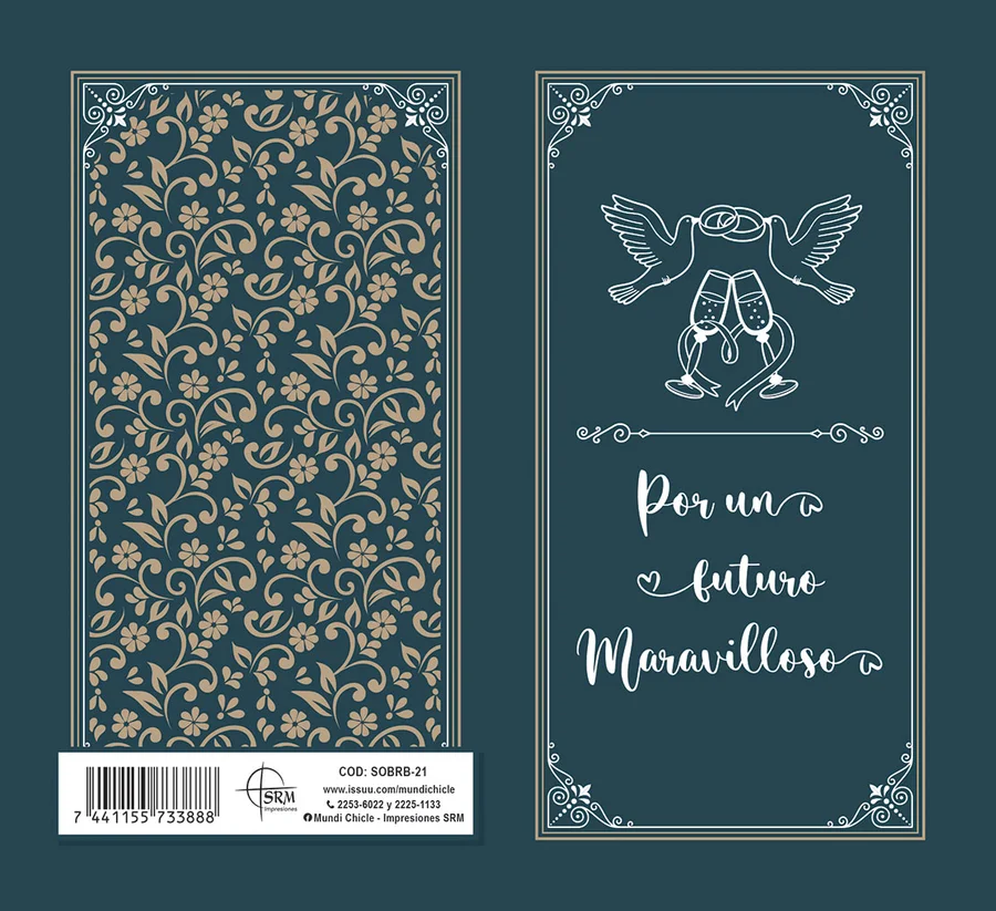 Por un Futuro Maravilloso (SOBRB-21) — Sobre de dinero línea Boda con el mensaje "Por un Futuro Maravilloso". Palomas y copas sobre fondo azul petróleo con detalles dorados. Ideal para regalar dinero a los novios en su boda. Sobre de dinero en cartulina opalina blanca 250 g, se dobla al medio con reverso en blanco. Medida abierta 176x160 mm (7x6.25"), cerrada 88x160 mm (3.5x6.25"). Incluye sobre Bond 20 de 165x95 mm.
