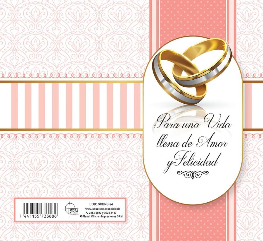 Para una Vida Llena de Amor y Felicidad (SOBRB-24) — Sobre de dinero línea Boda con el mensaje "Para una Vida Llena de Amor y Felicidad". Anillos dorados con rayas rosadas. Ideal para regalar dinero a los novios en su boda. Sobre de dinero en cartulina opalina blanca 250 g, se dobla al medio con reverso en blanco. Medida abierta 176x160 mm (7x6.25"), cerrada 88x160 mm (3.5x6.25"). Incluye sobre Bond 20 de 165x95 mm.