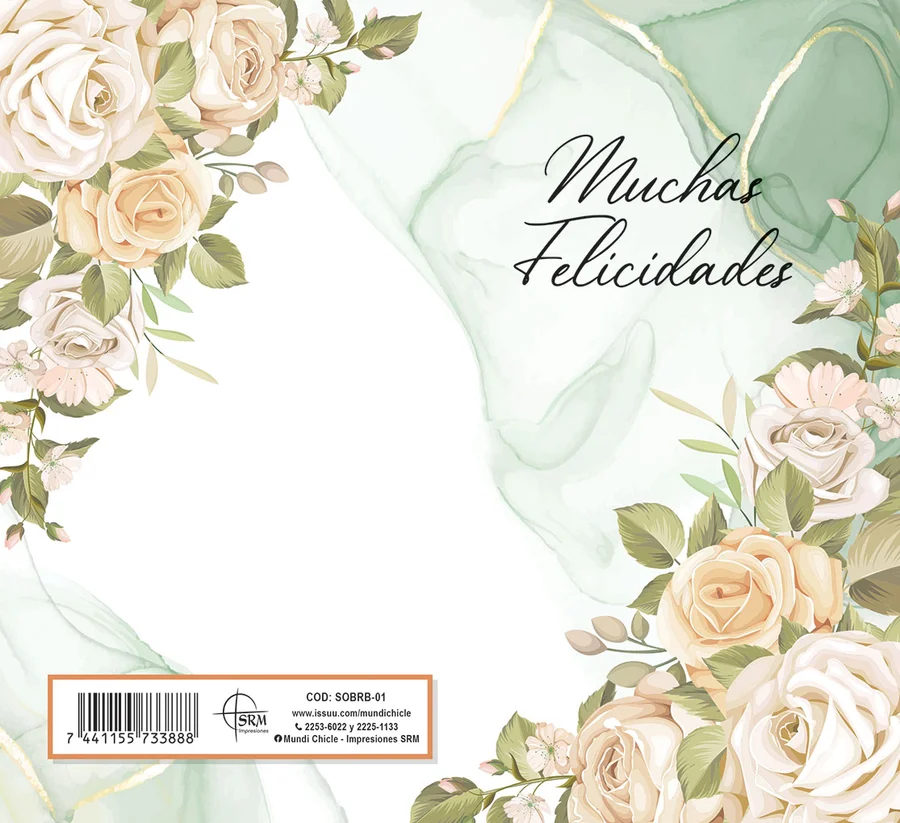 Muchas Felicidades Rosas Crema (SOBRB-01) — Sobre de dinero línea Dama con el mensaje "Muchas Felicidades". Rosas crema sobre acuarela verde menta. Ideal para regalar dinero en el cumpleaños o día especial de una dama. Sobre de dinero en cartulina opalina blanca 250 g, se dobla al medio con reverso en blanco. Medida abierta 176x160 mm (7x6.25"), cerrada 88x160 mm (3.5x6.25"). Incluye sobre Bond 20 de 165x95 mm.